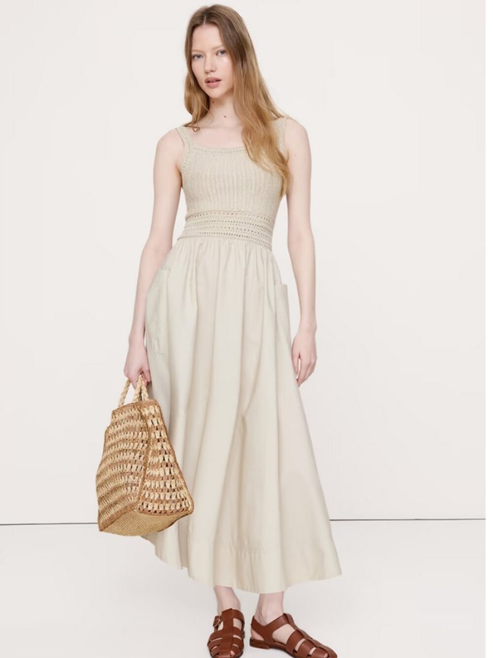 Crochet & Cotton Poplin Mixed-Media Midi Dress